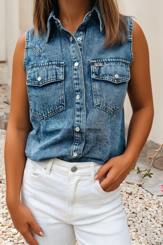LDC Buttoned Front Collared Denim Sleeveless Top: Dusk Blue