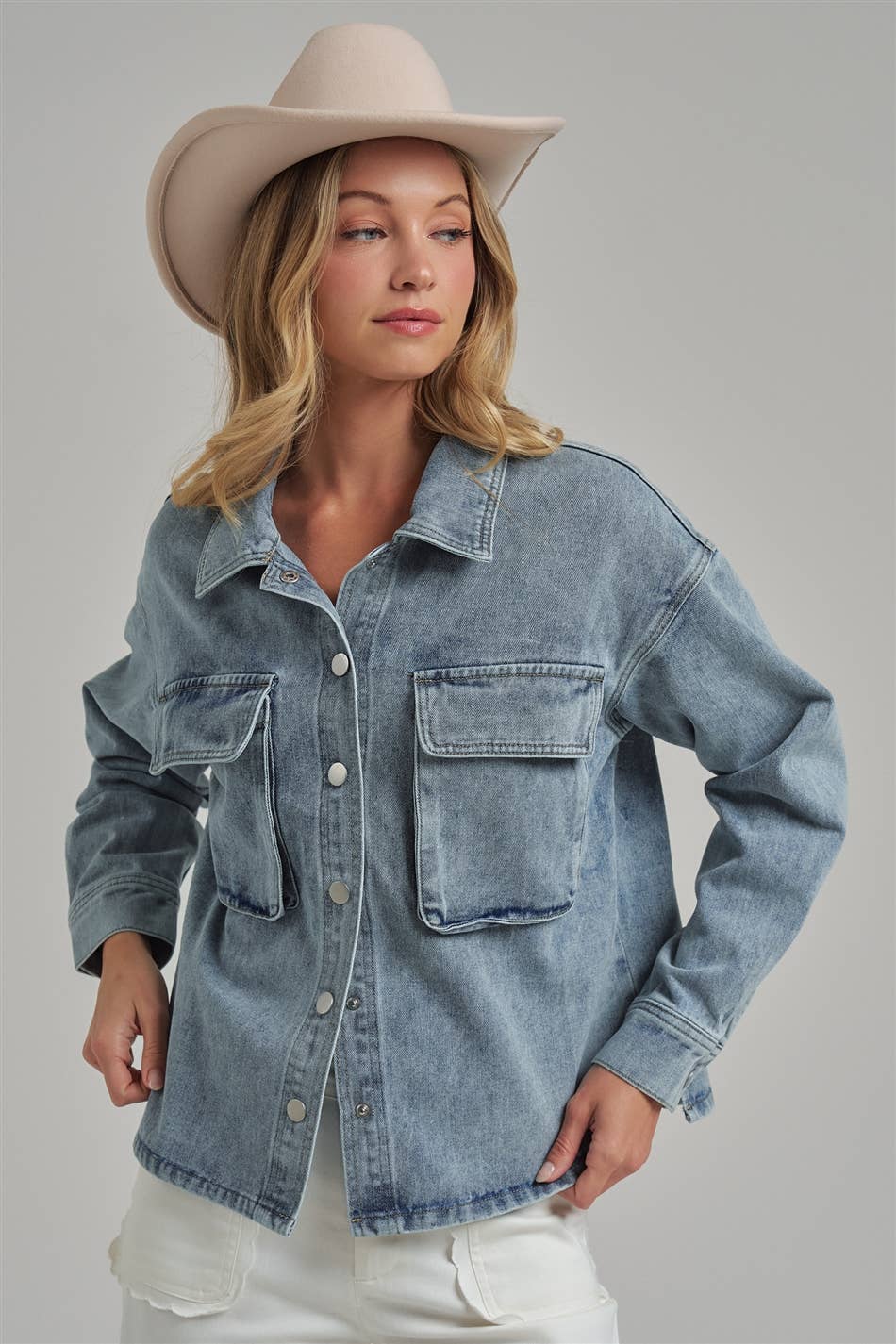 VINTAGE WASHED DENIM SHACKET WITH 3D FRONT POCKETS: DENIM