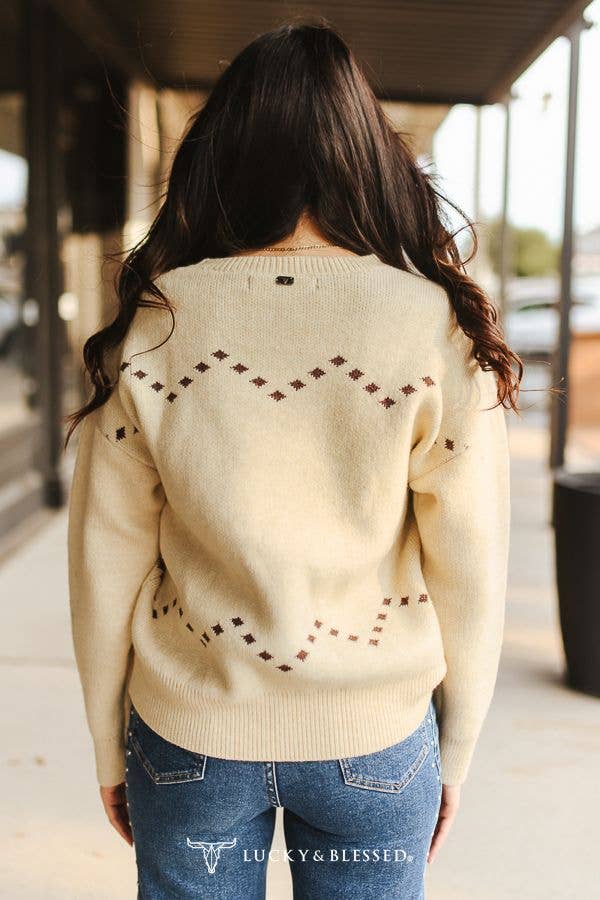 Cream Running Horse Knit Printed Long Sleeve Sweater