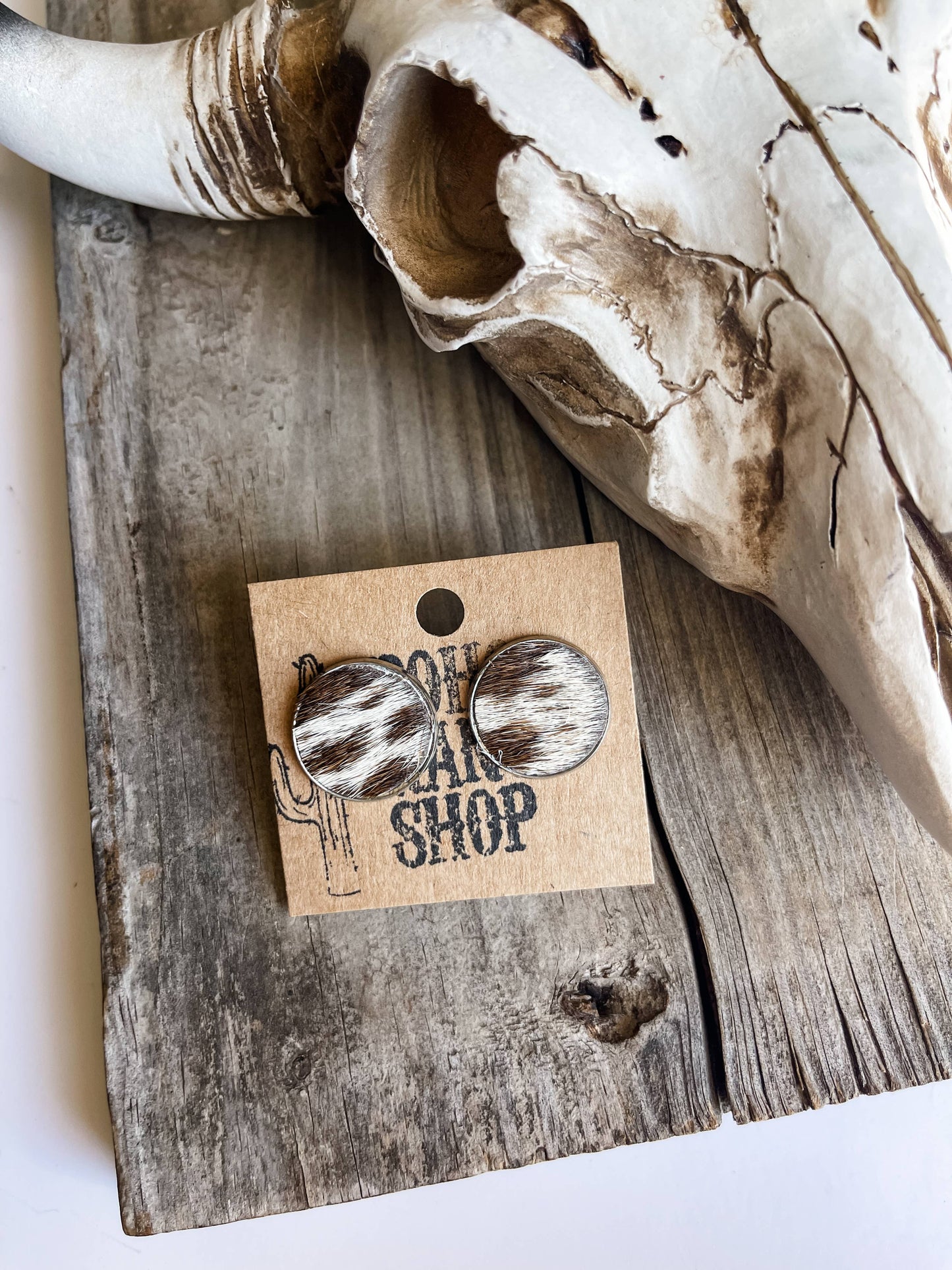 ROUND COWHIDE STUDS STUD EARRINGS- GENUINE LEATHER COWHIDE: 10