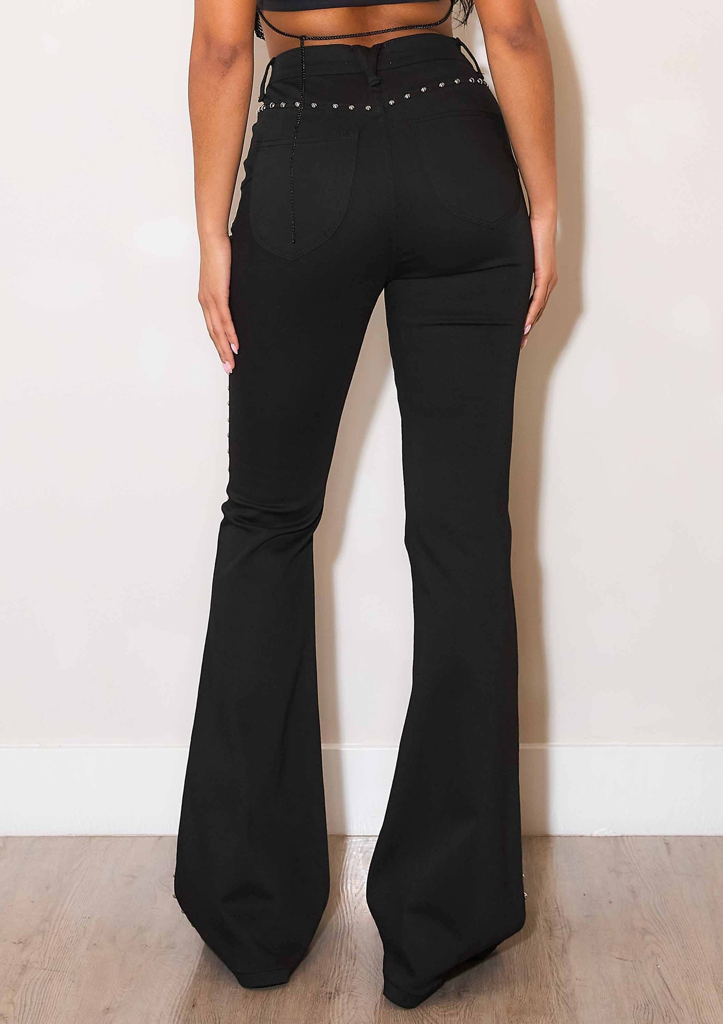 XPT345 High-Rise Flare Jeans With Studs: Black