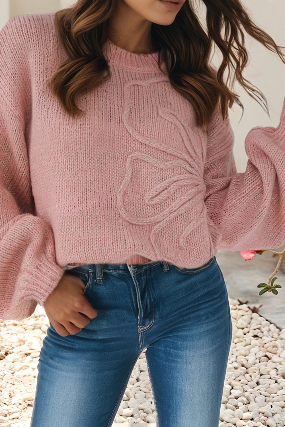 LD2727055-P4010 LDC BIG FLOWER ACCENT BUBBLE SLEEVE DROP SHOULDER SWEATER: PEACH BLOSSOM