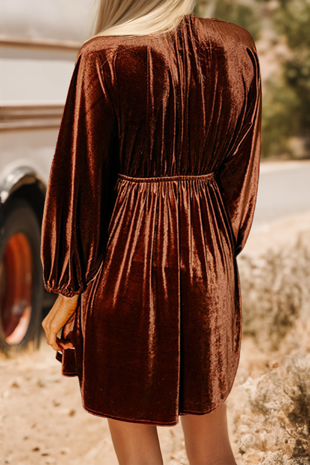 FW6125819-P8017 Fashion-W Elastic V Neck Puff Sleeve Short Velvet Fall Dress: Clay