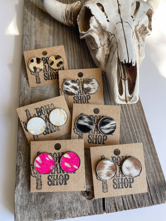 ROUND COWHIDE STUDS STUD EARRINGS- GENUINE LEATHER COWHIDE: 12