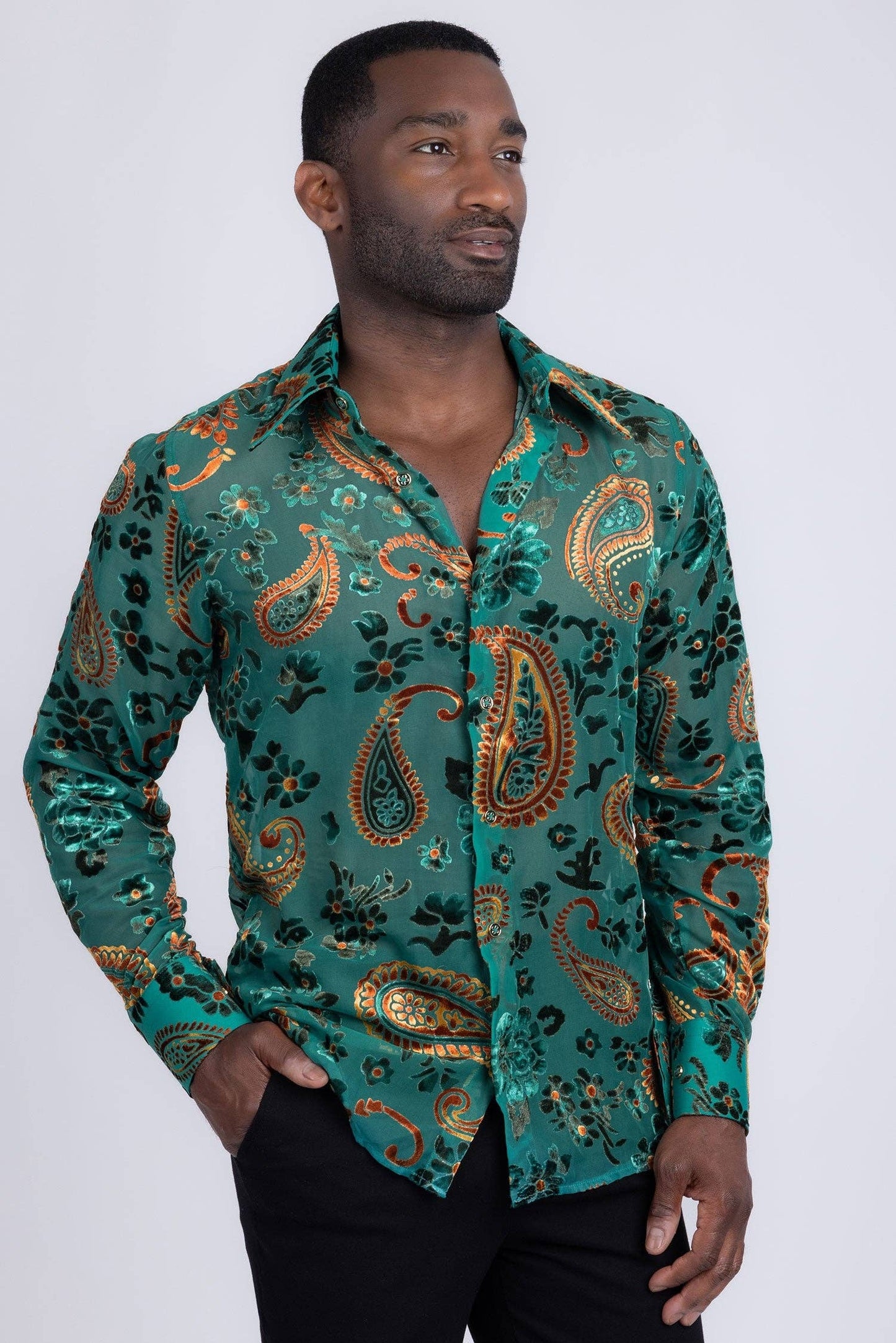 Bund Paisley Long Sleeve Shirt: -TEAL