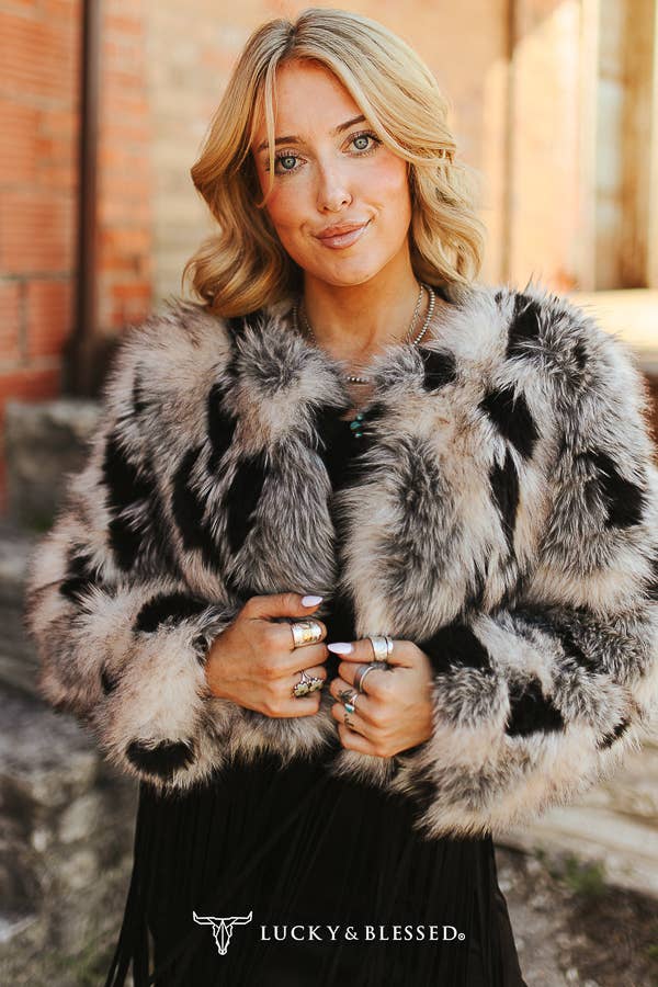 Taupe Grey Marbled Faux Fur Fringe Statement Jacket
