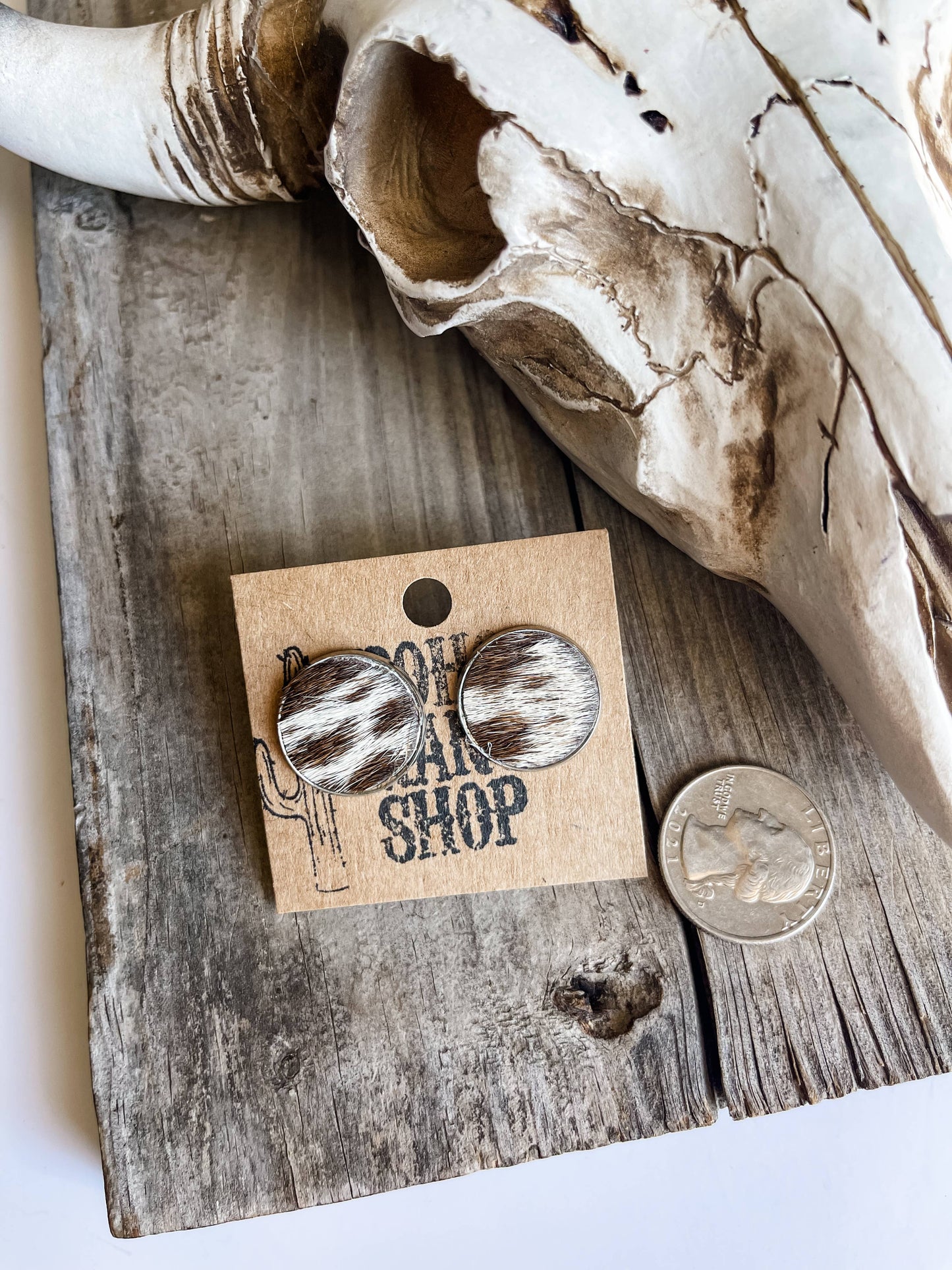 ROUND COWHIDE STUDS STUD EARRINGS- GENUINE LEATHER COWHIDE: 10