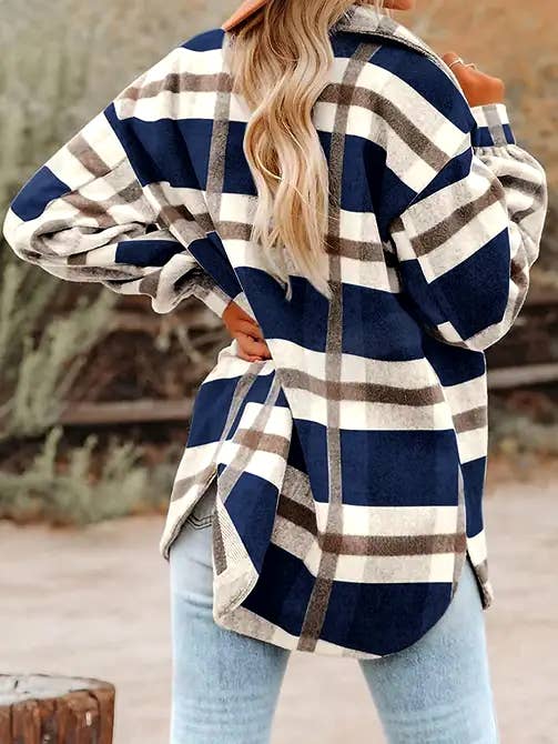 MD9859-BW Navy Blue Plaid Button Flannel Shirt Jacket: Black and white
