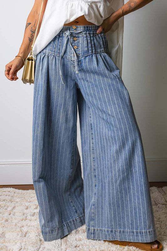 Stripe Button Pleated Drawstring Waist Wide Leg Jeans Sky Blue Stripe