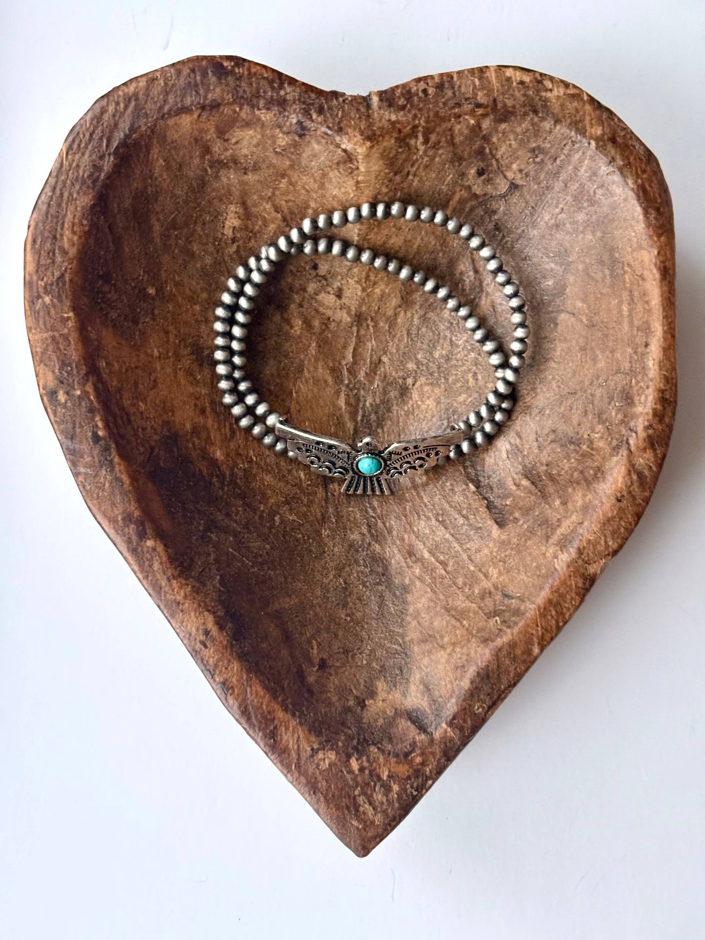 Western Thunderbird Navajo Pearl Bead Stretch Bracelet: Silver