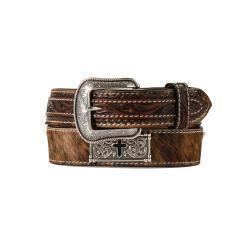D100018202 M&F 3D MENS BELT 1 1/2" LEATHER CALF HAIR CROSS CONCHO BROWN