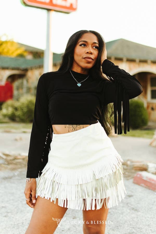 LUCKY & BLESSED IVORY STITCHED TIER FRINGE SKIRT