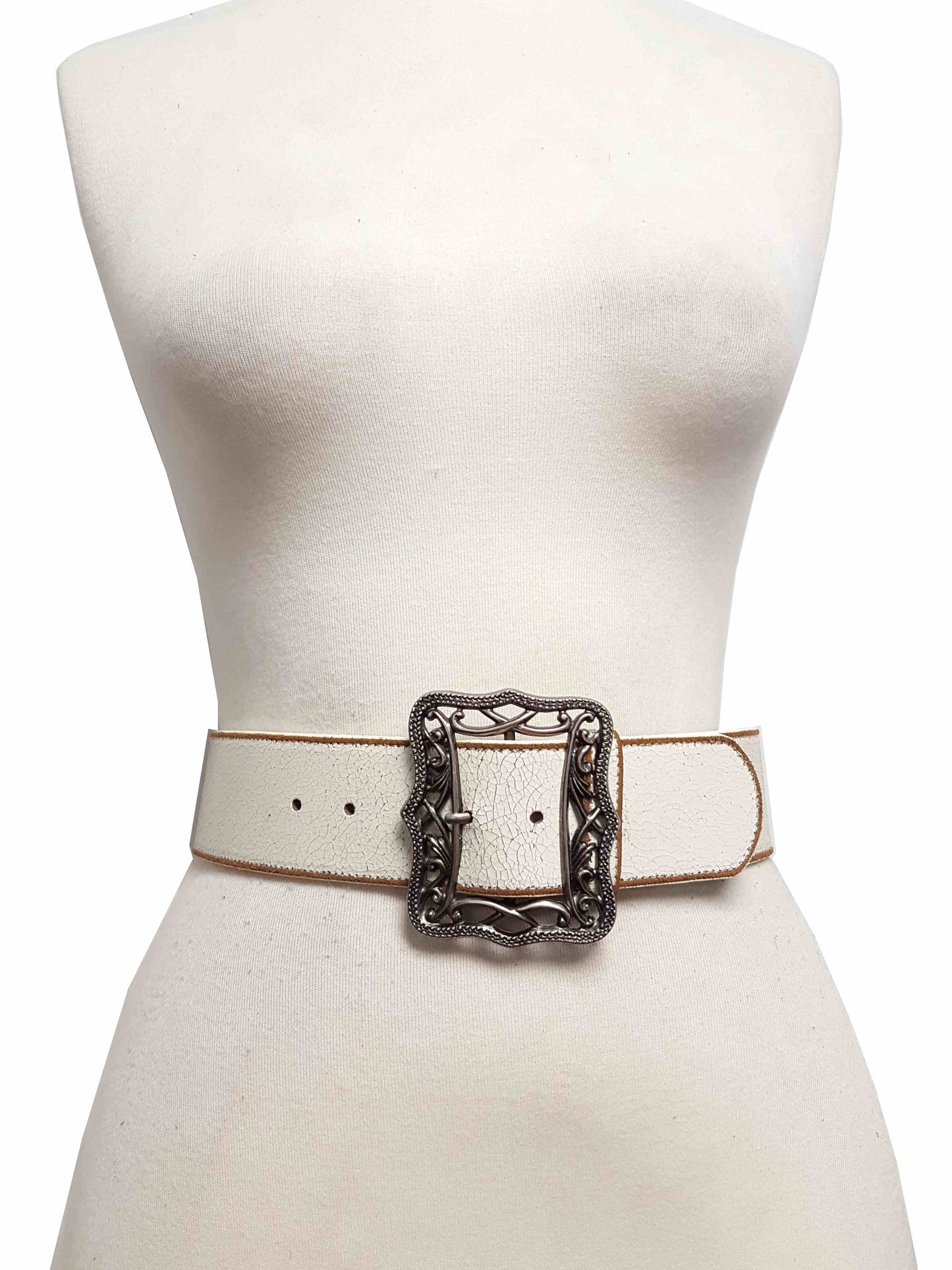 Wide Vintage Leather belt with Dark Silver Western Buckle: Cream