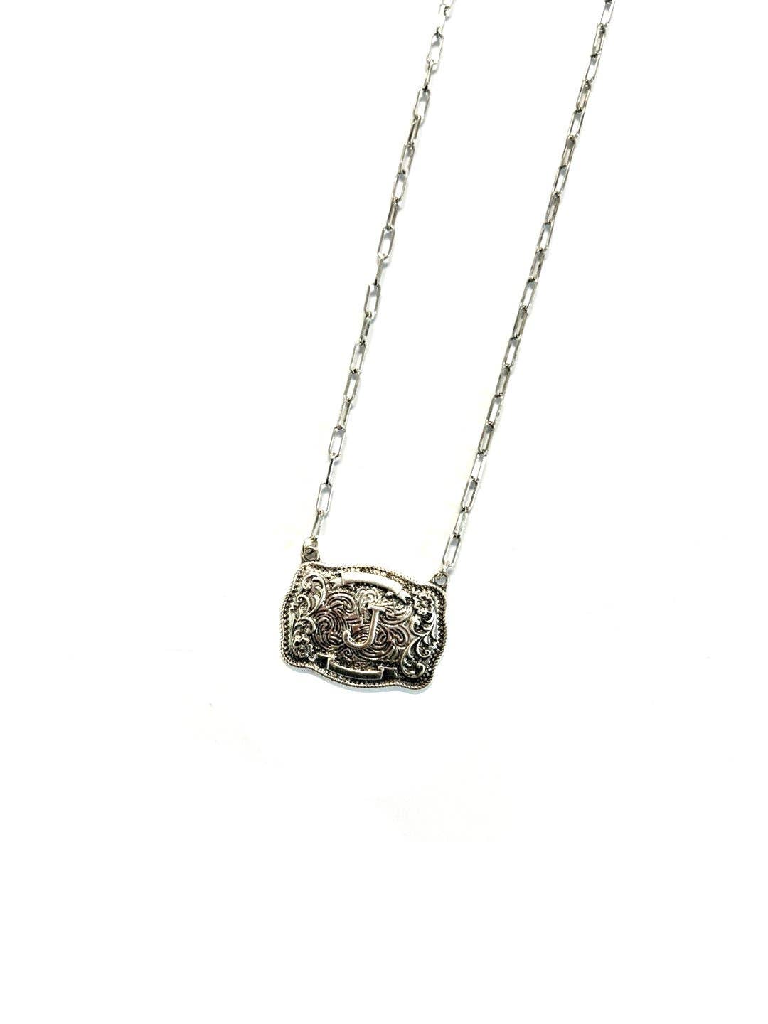 Western Belt Buckle Initial Necklace: E