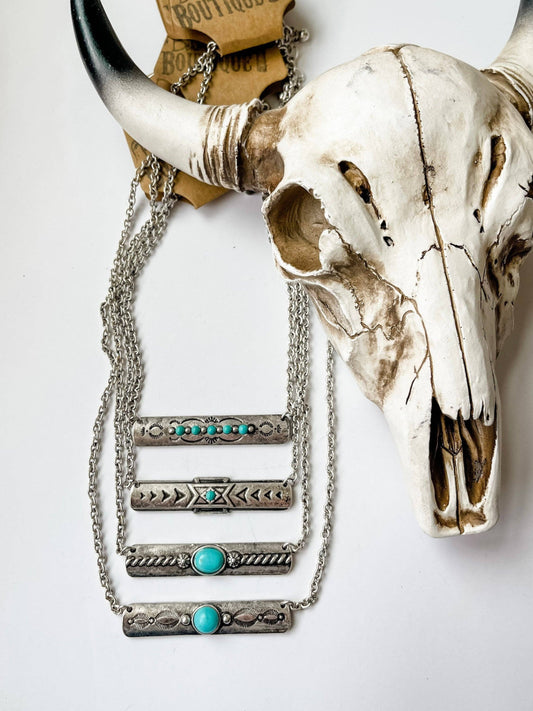 WESTERN AZTEC METAL BAR NECKLACE: 5- DIAMOND STONE