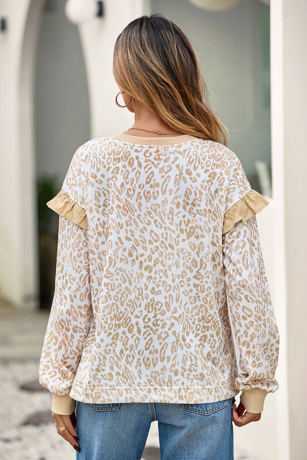 LD25319704-P1620 LDC Ruffle Detail Leopard Round Neck Sweatshirt| S-4X: Khaki