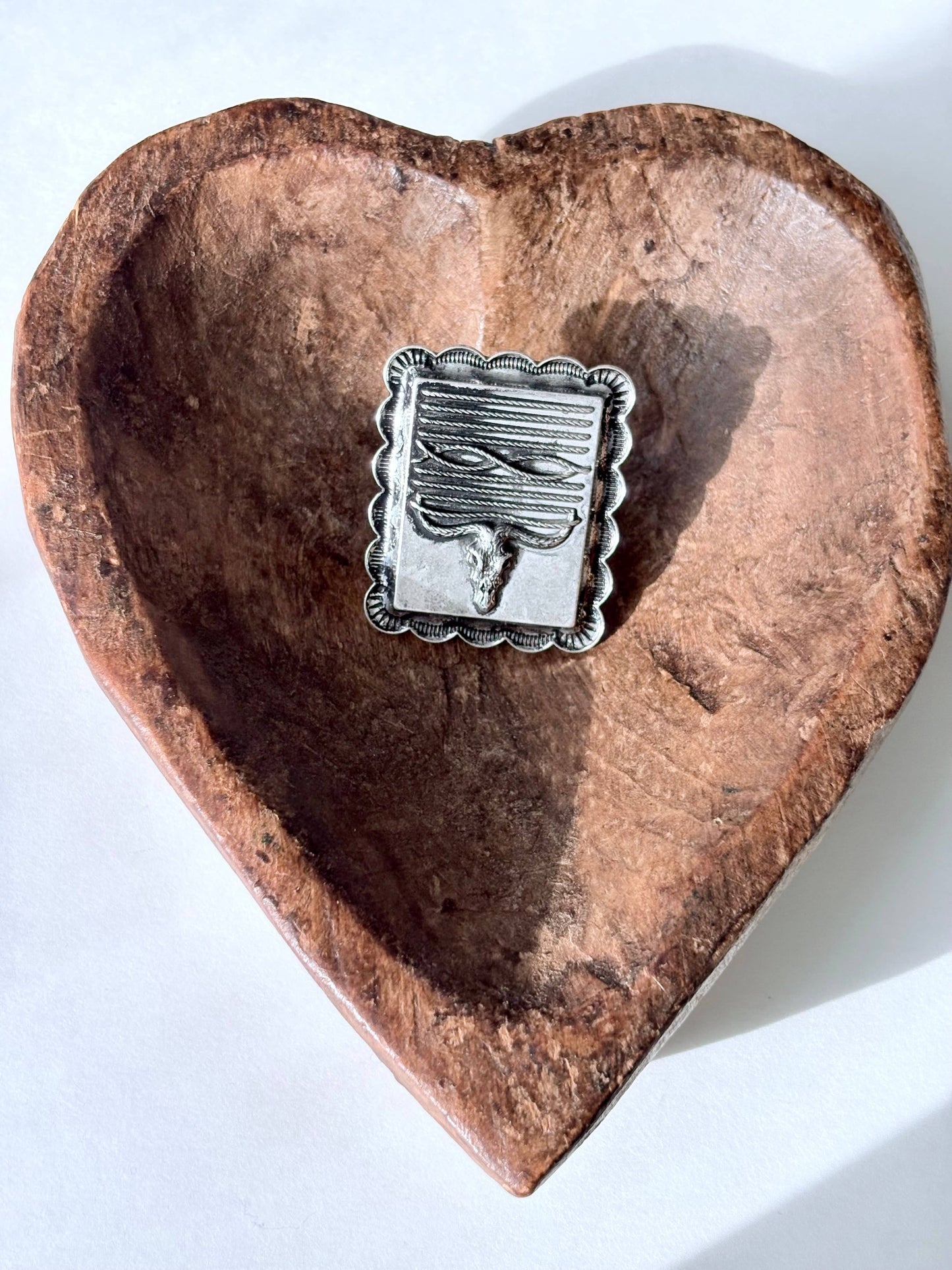 Western Style Steerhead Stitch Rectangular Pendant Cuff Ring: Silver