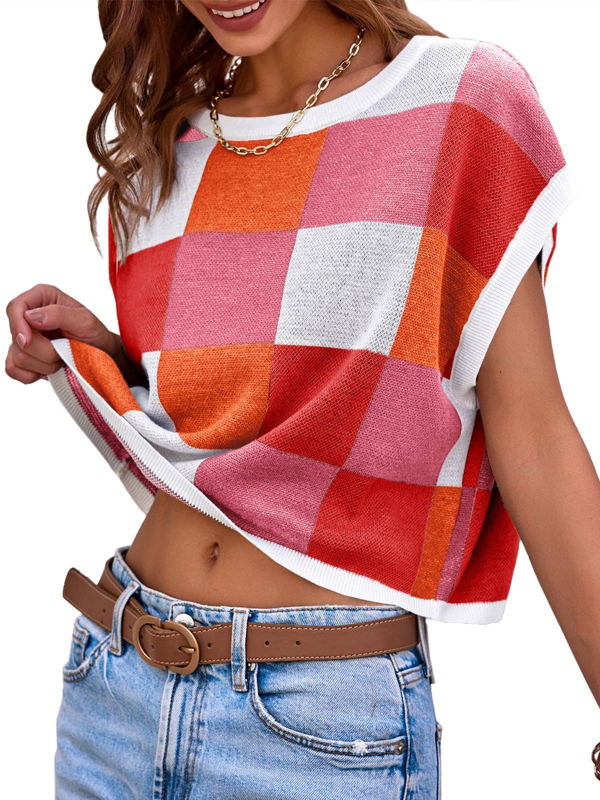 MD263-14 Colorblocked Sweater Vest Crew Neck Knit Trendy Pullover Vest: Orange