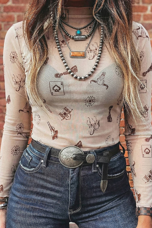 LDC Western Slim Fit Floral Mesh Long Sleeve Mock Neck Top: Oatmeal