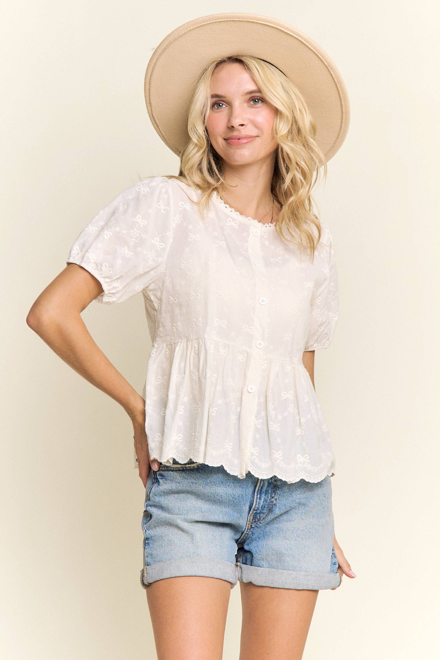 BOHO CHIC EMBROIDERED BUTTON DOWN TOP: WHITE
