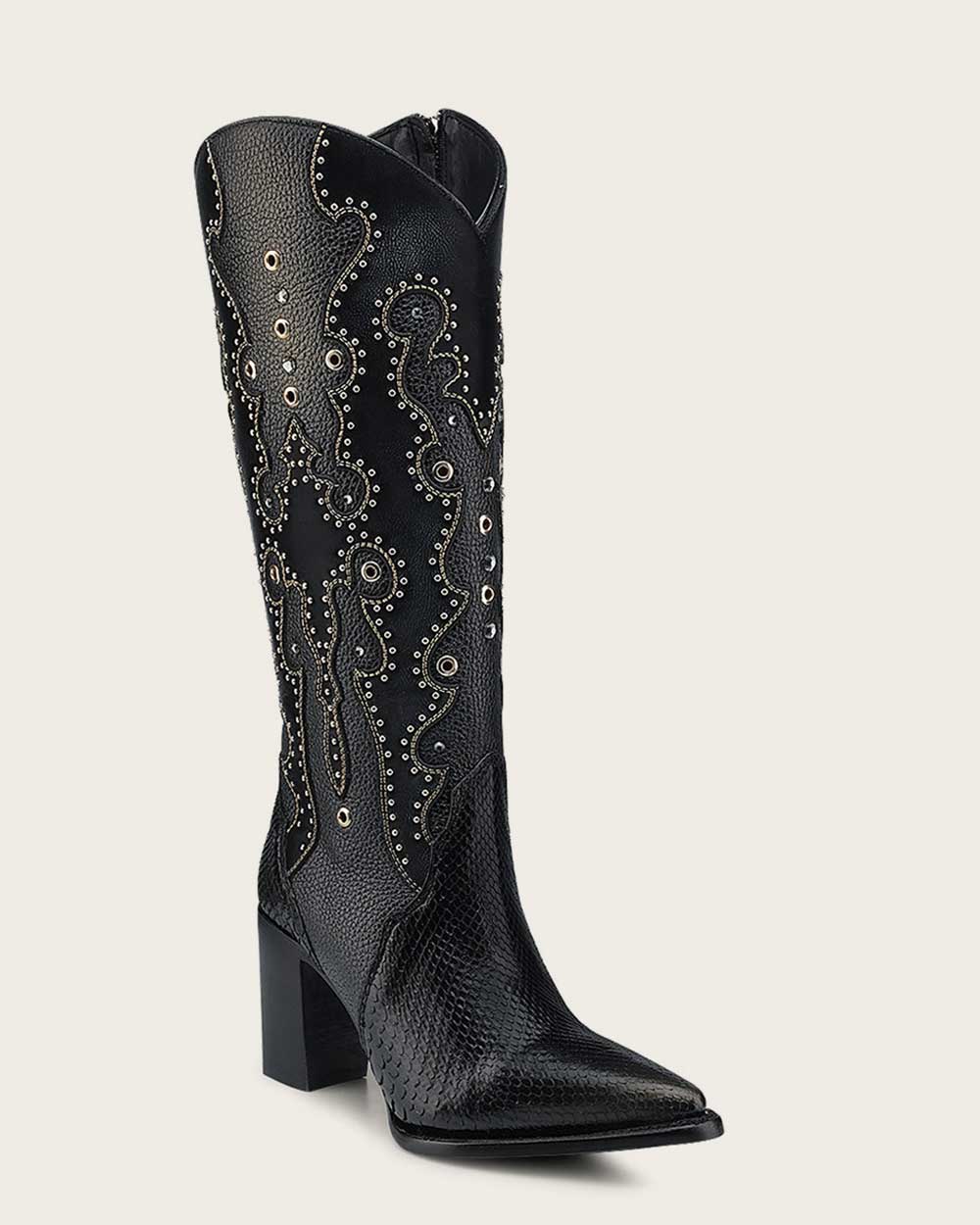 CU869 CUADRA PYTHON BELLY BLACK BOOT EMBROIDERY & STUDS & ZIPPER