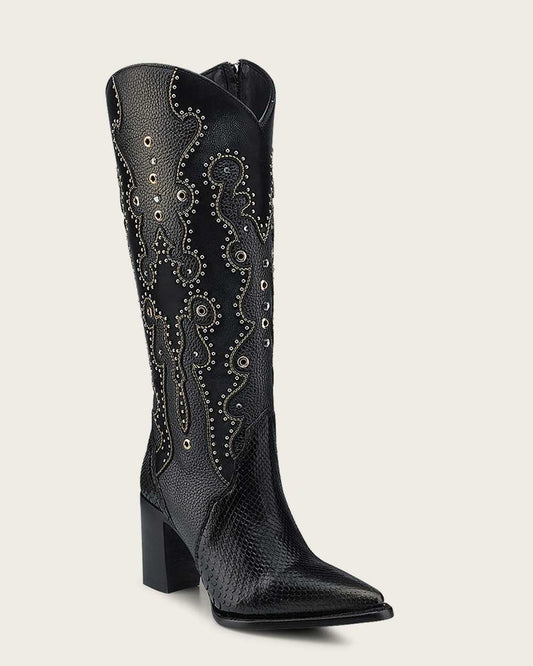 CU869 CUADRA PYTHON BELLY BLACK BOOT EMBROIDERY & STUDS & ZIPPER