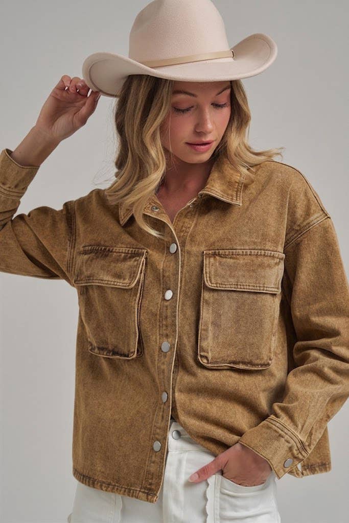 VINTAGE WASHED WESTERN INSPIRED SHACKET WITH UTILITY BIG 3D : VINTAGE TAUPE