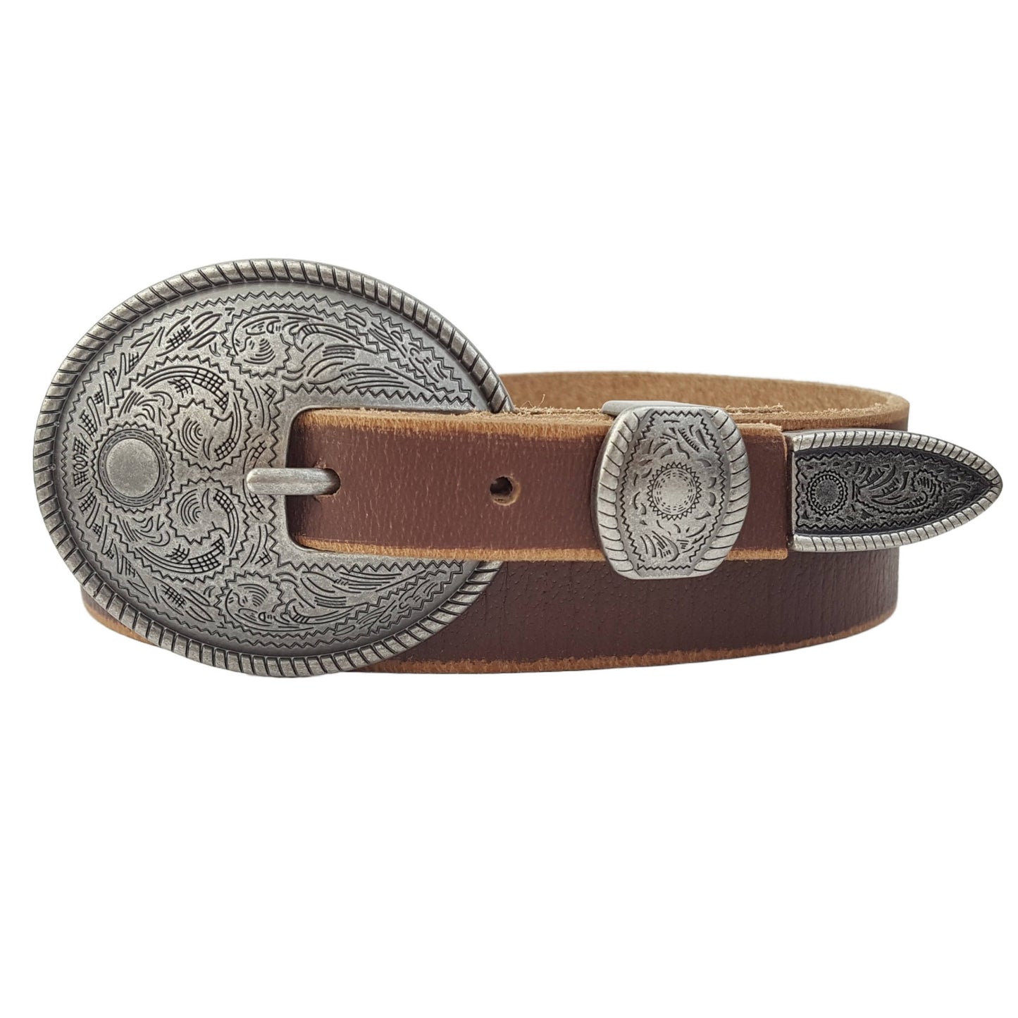 Vintage Skinny Leather Belt w.  antique silver floral buckle: Black