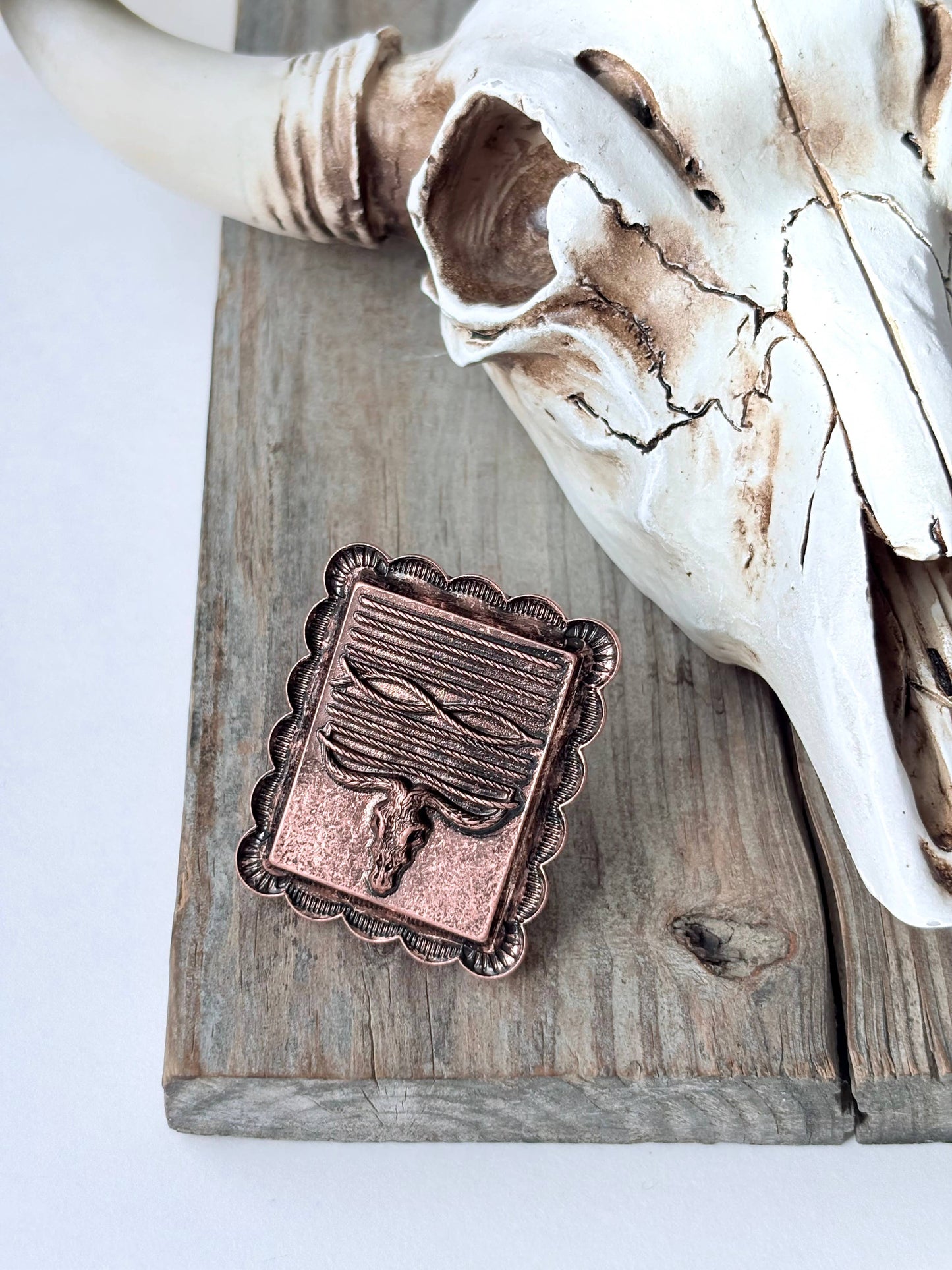 Western Style Steerhead Stitch Rectangular Pendant Cuff Ring: Silver