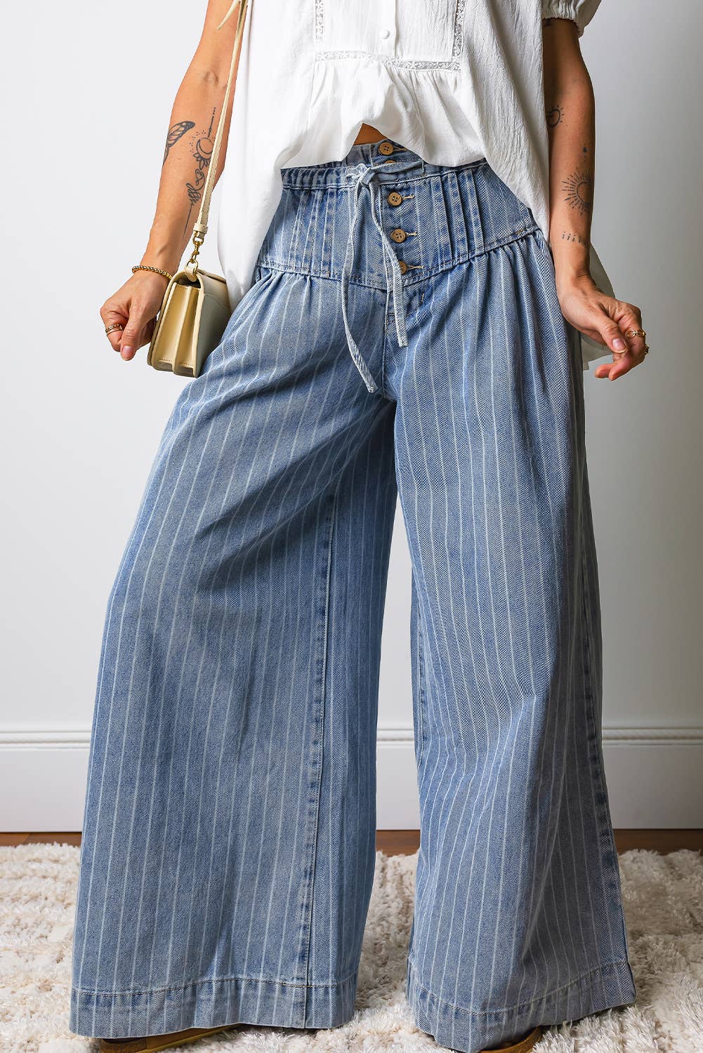 Stripe Button Pleated Drawstring Waist Wide Leg Jeans Sky Blue Stripe
