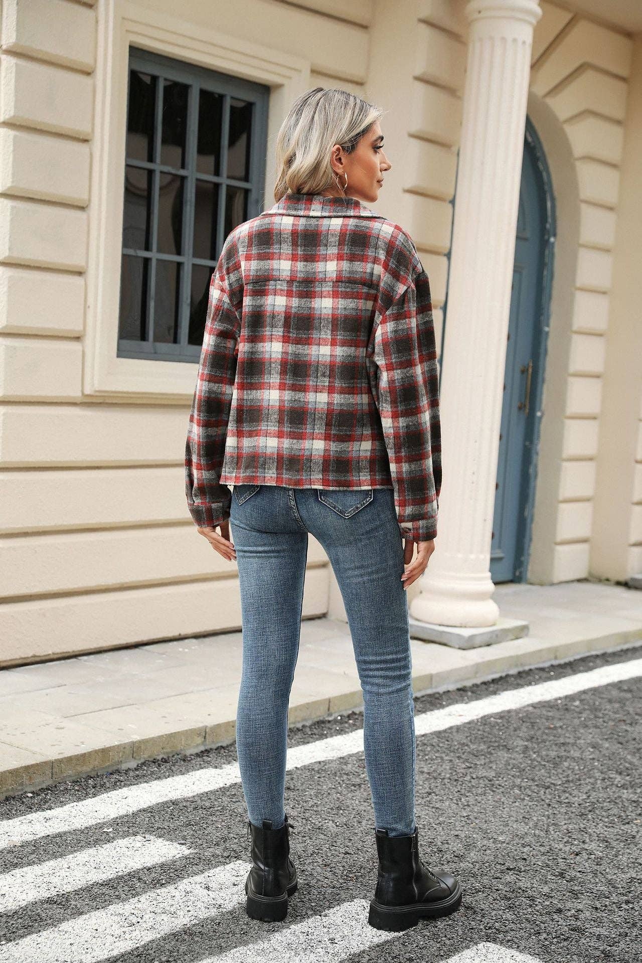 HLL7013-3 Long Sleeve Loose Pocket Plaid Top Wool Jacket