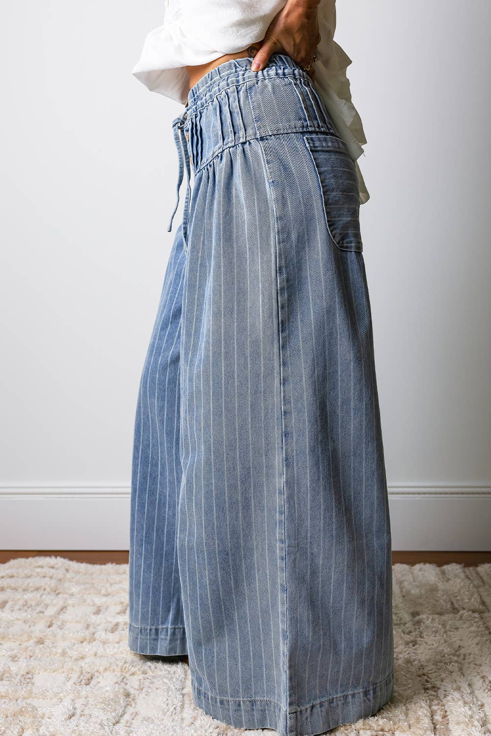 Stripe Button Pleated Drawstring Waist Wide Leg Jeans Sky Blue Stripe