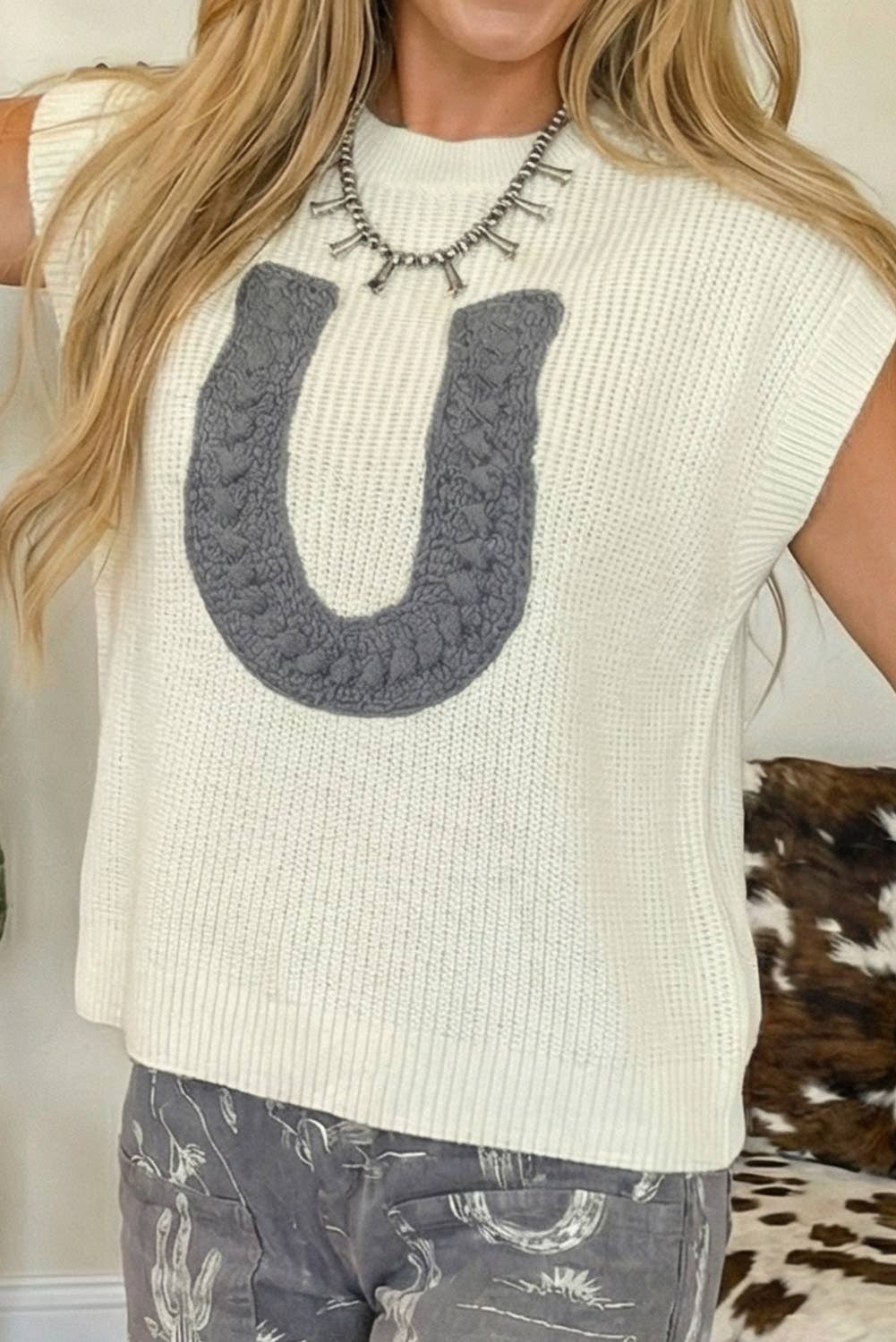 LDC WESTERN CROCHET HORSESHOE SHORT SLEEVE KNIT SWEATER: WHITE