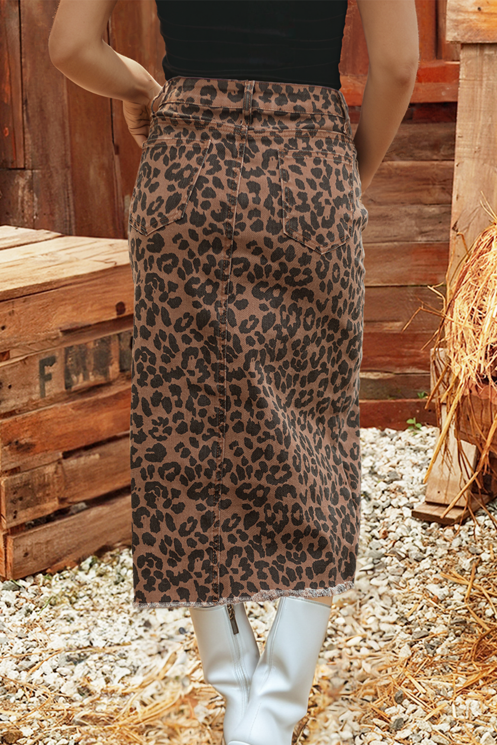 FW7811212-P1720 Fashion-W Leopard Denim Frayed Split Denim Midi Skirt