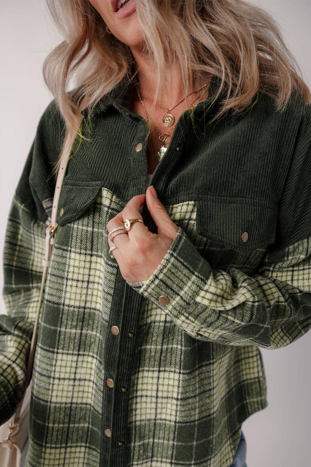 HY854726-P309 Blackish Green Snap Buttons Colorblock Plaid Shacket