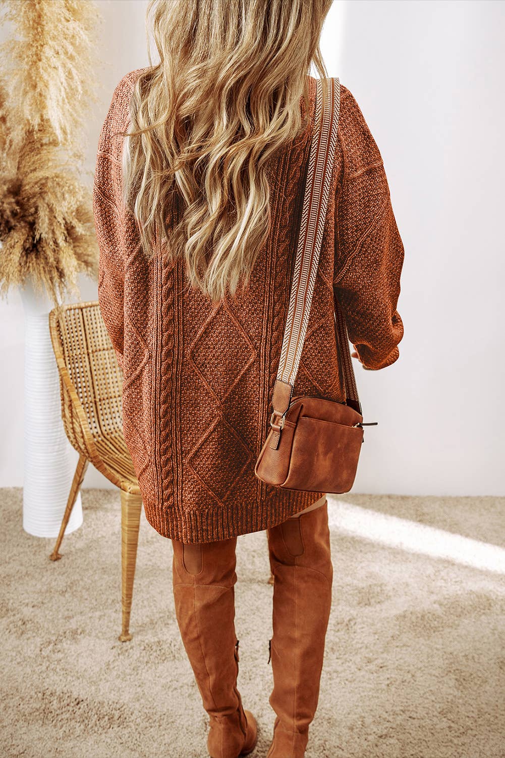 LD273764-P6016 LDC Cable Knit Drop Shoulder Loose Fit Sweater Dress: Parchment
