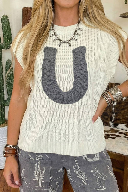 LDC WESTERN CROCHET HORSESHOE SHORT SLEEVE KNIT SWEATER: WHITE
