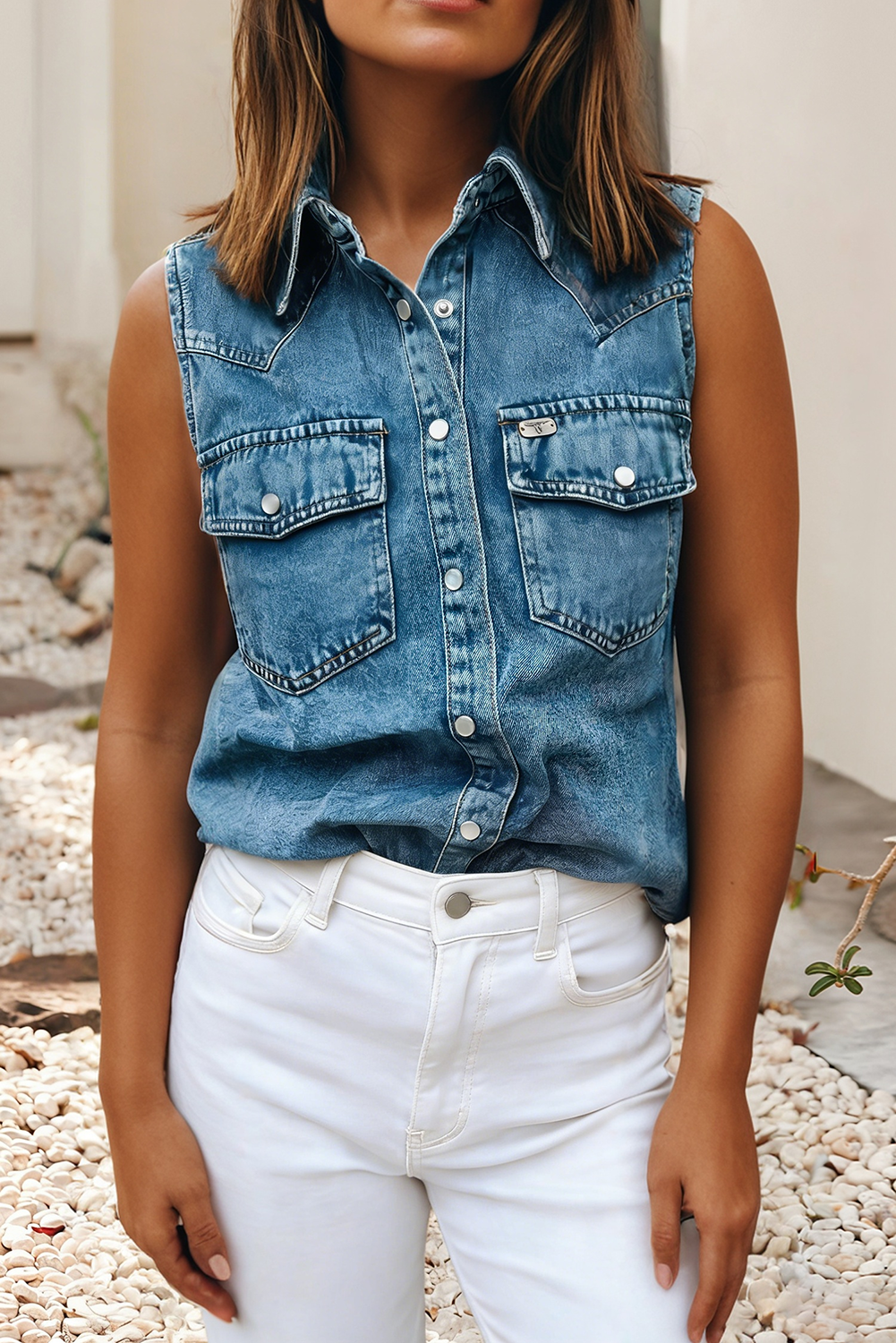 LDC Buttoned Front Collared Denim Sleeveless Top: Dusk Blue