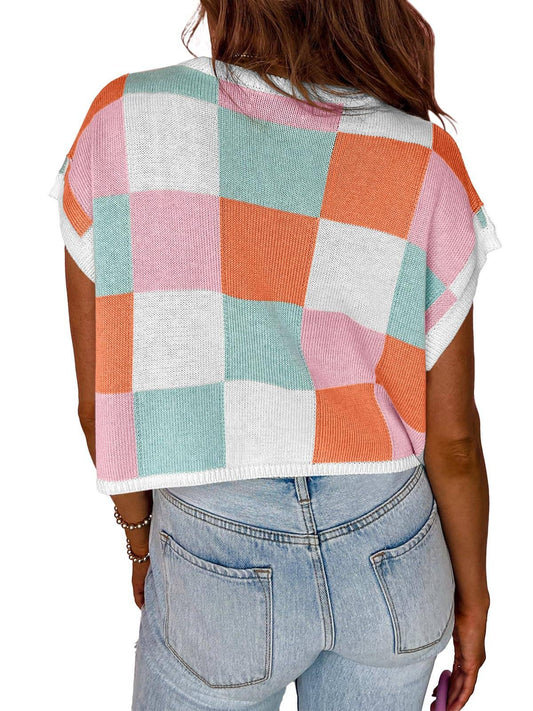 MD263-14 Colorblocked Sweater Vest Crew Neck Knit Trendy Pullover Vest: Orange