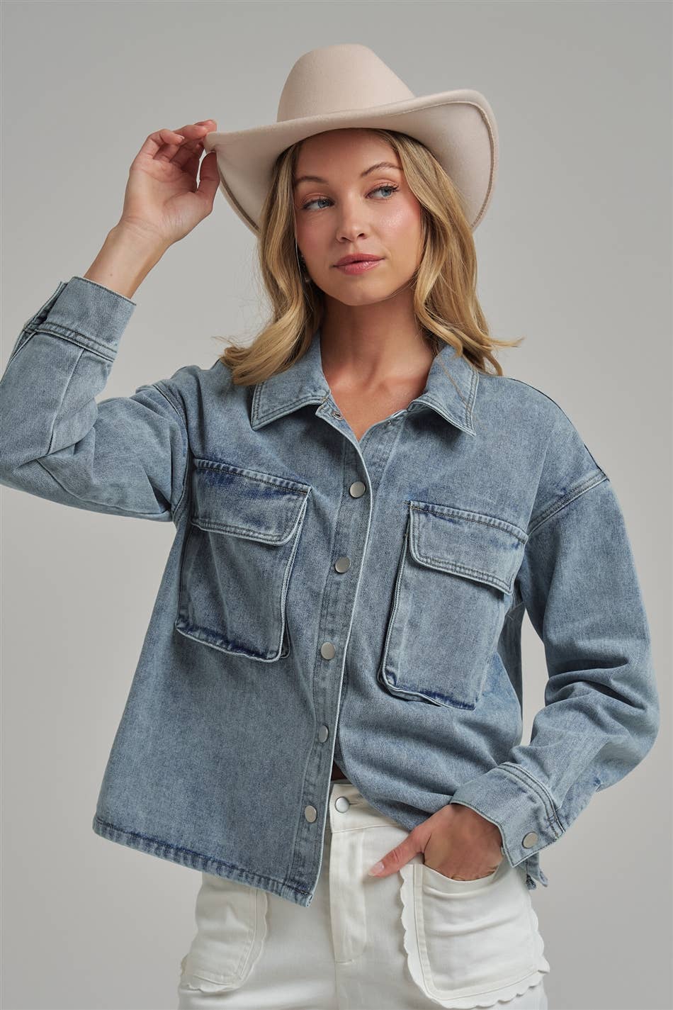 VINTAGE WASHED DENIM SHACKET WITH 3D FRONT POCKETS: DENIM