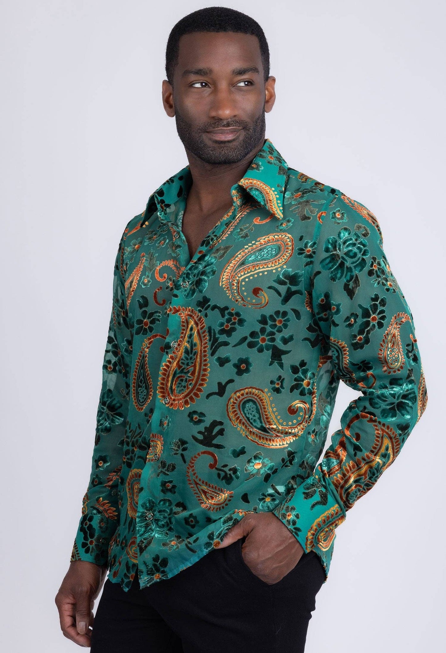 Bund Paisley Long Sleeve Shirt: -TEAL