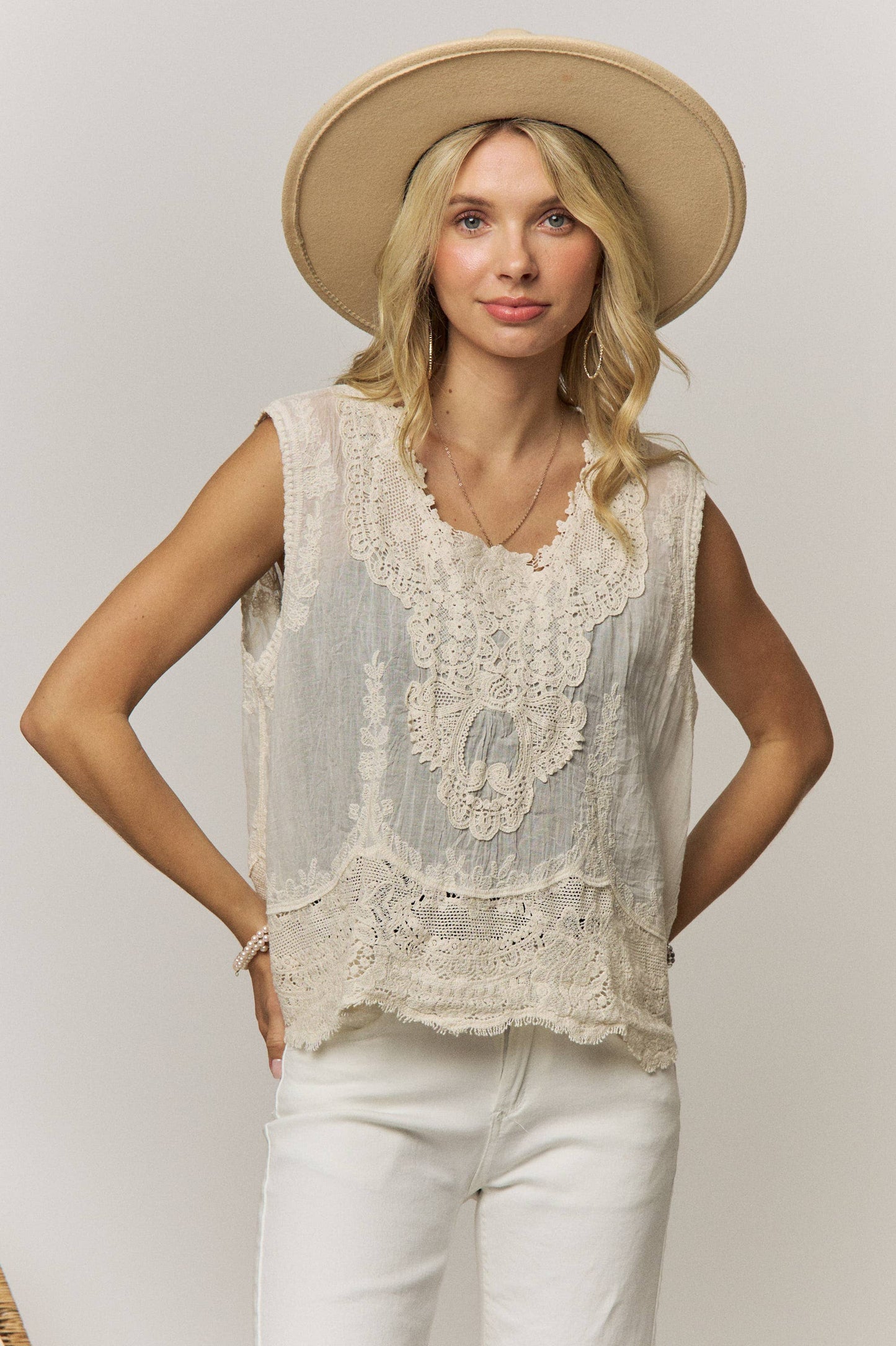 BOHO LACE DETAIL BLOUSE - LET4521: Beige