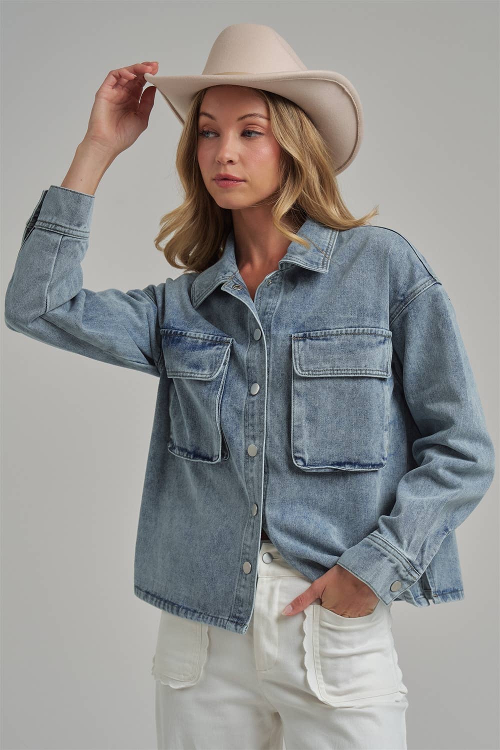 VINTAGE WASHED DENIM SHACKET WITH 3D FRONT POCKETS: DENIM