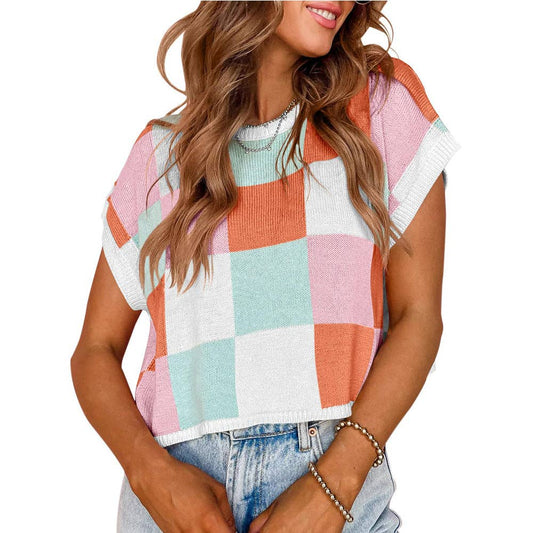 MD263-14 Colorblocked Sweater Vest Crew Neck Knit Trendy Pullover Vest: Orange