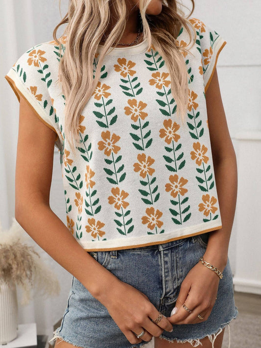 MD2 82-1 Retro Floral Knit Crop Top Short Sleeve Vintage Pullover Tee: Off-White