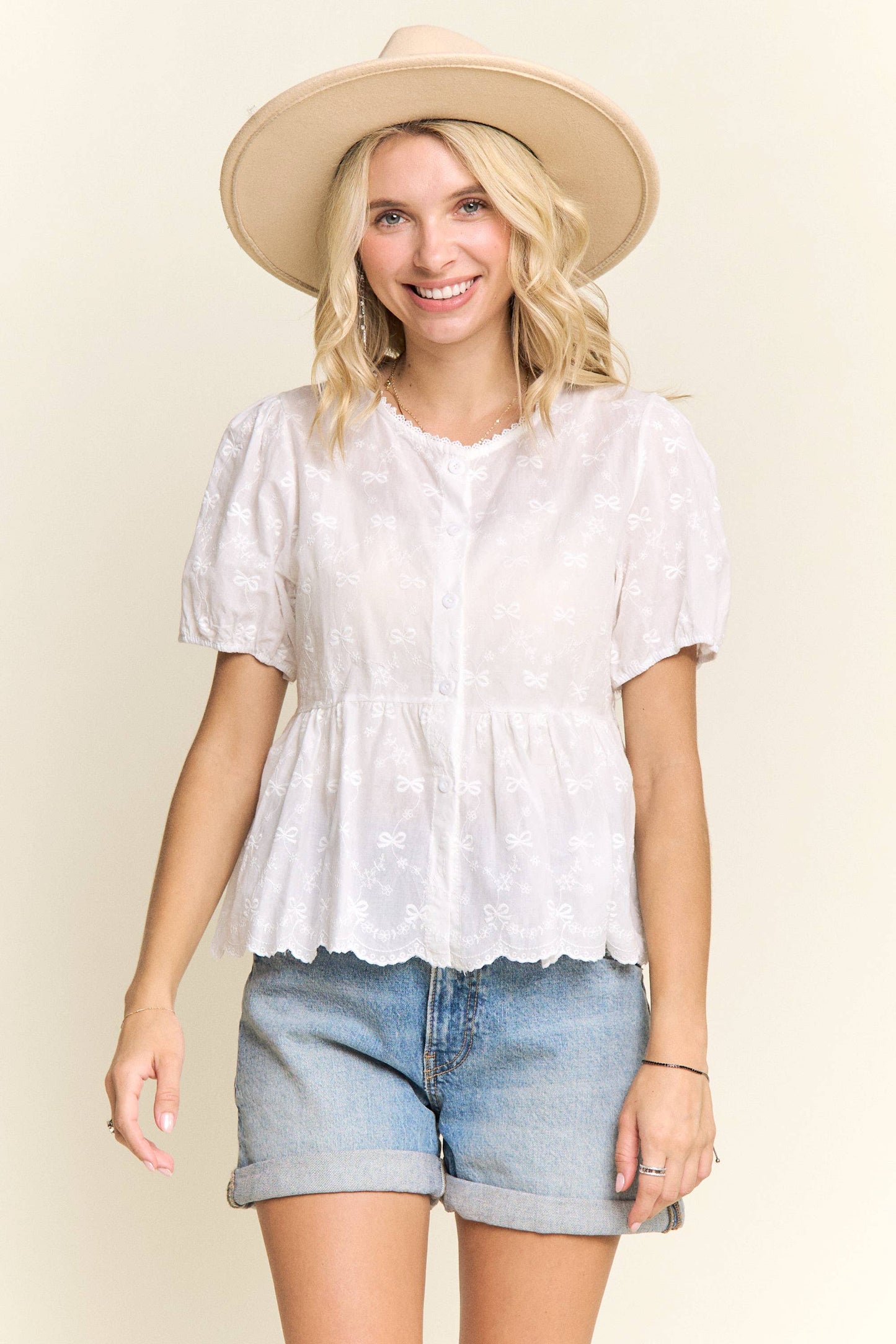 BOHO CHIC EMBROIDERED BUTTON DOWN TOP: WHITE