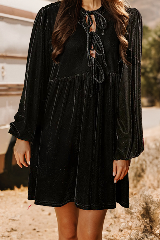 FW6126044-P2 Christmas Front Tie Velvet Bubble Sleeve Mini Fall Dress: Black