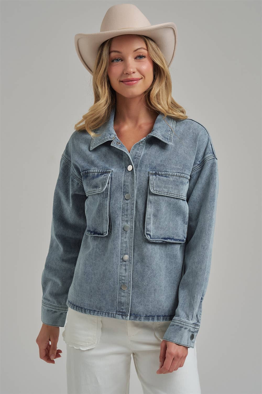 VINTAGE WASHED DENIM SHACKET WITH 3D FRONT POCKETS: DENIM