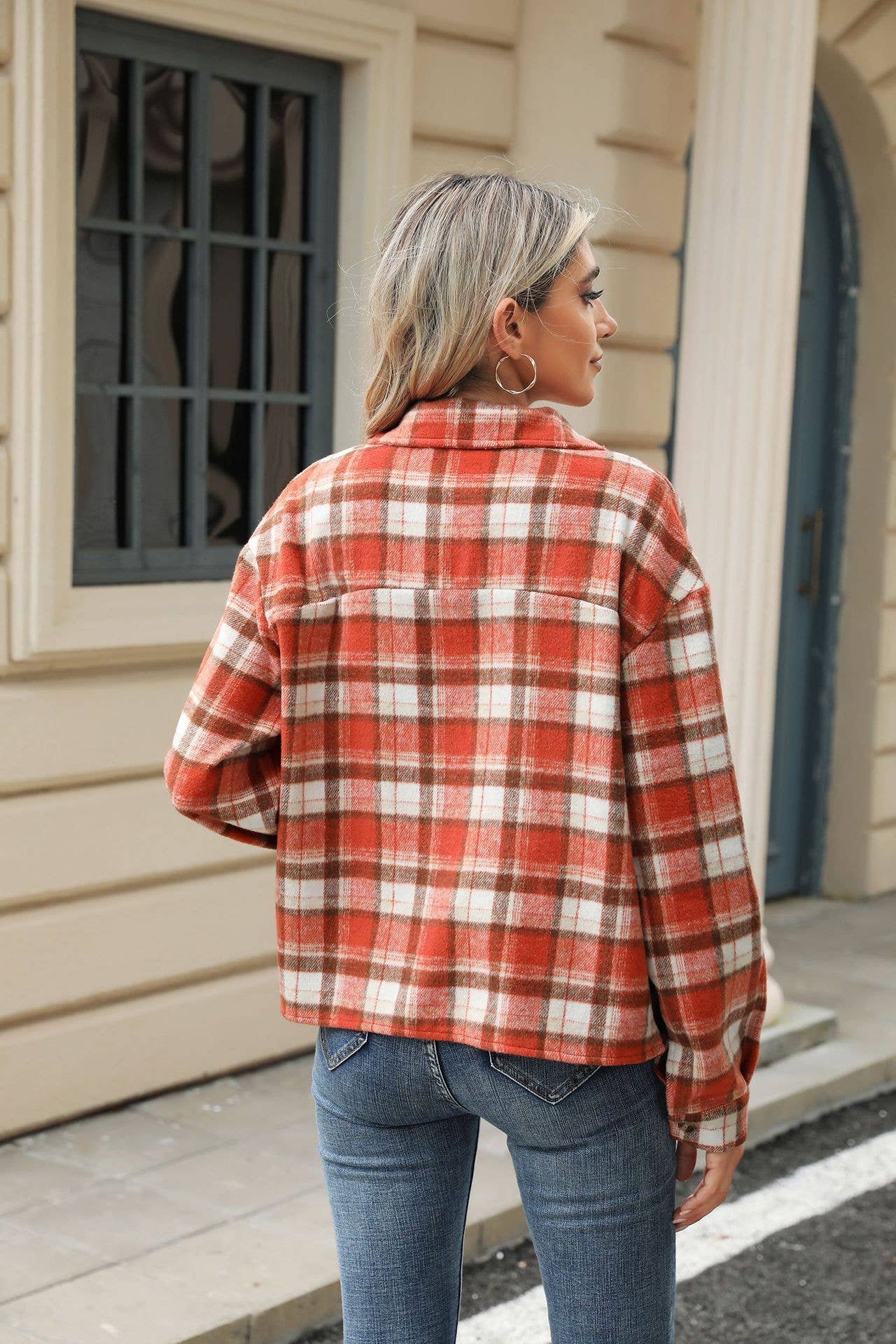 HLL7013-3 Long Sleeve Loose Pocket Plaid Top Wool Jacket
