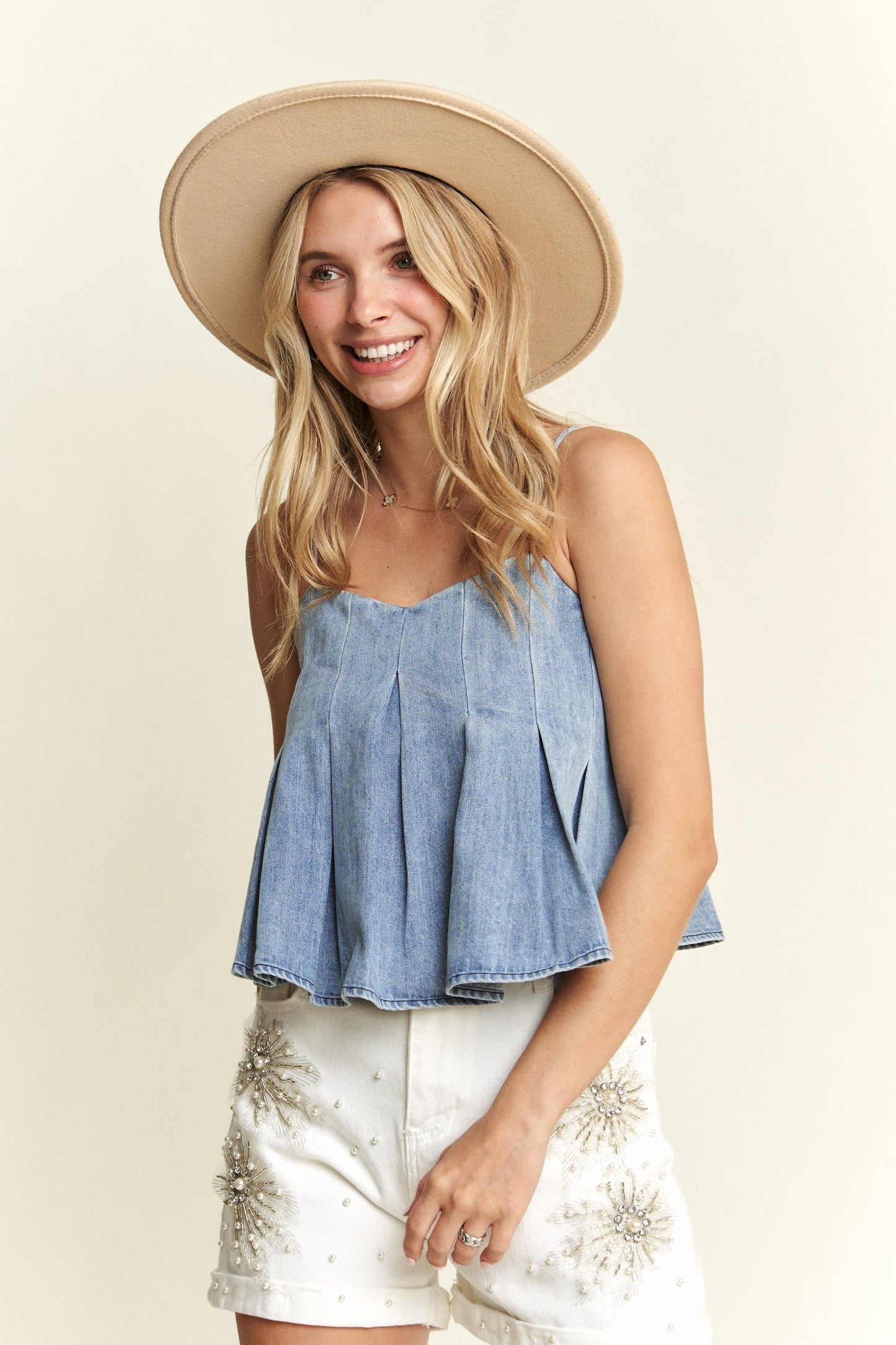 FRONT PLEATED CROP TOP- LET3656: DENIM